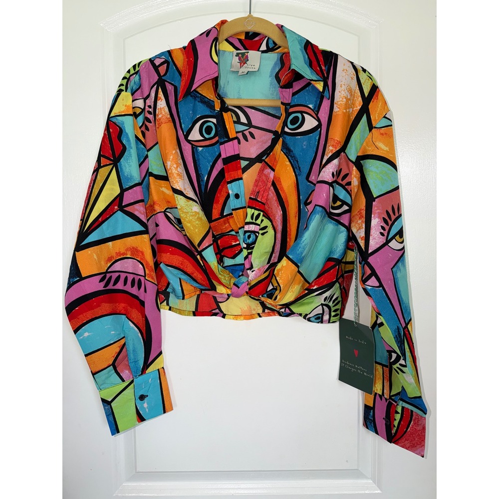 Live 4 Truth Abstract Face Print Knot Front Crop Shirt Multi Color Womens M NEW